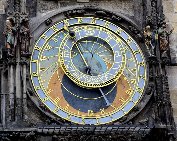 Close up of the historical astronomical clock, featuring intricate details, zodiac signs, and time