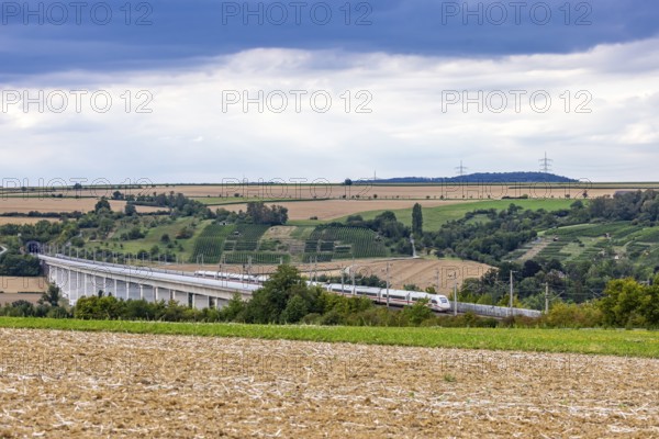Enztal bridge with ICE. Double-track railway overpass of the high-speed line from Mannheim to