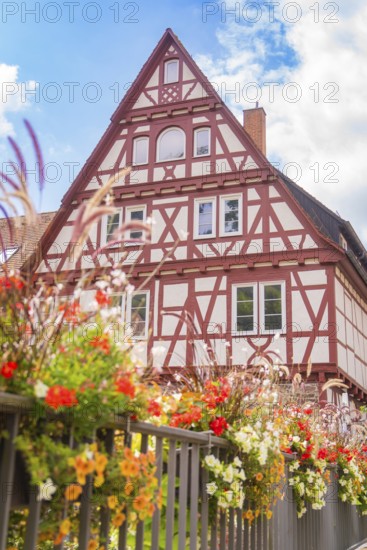 Half-timbered house with lush floral decorations under a clear sky conveys a summery atmosphere,