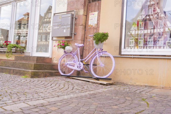 A purple bicycle with a basket of flowers in front of a building with half-timbered houses, small