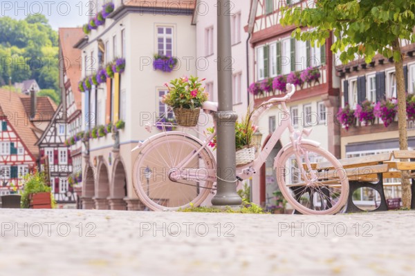 Pink bicycle with flower pots in front of historic half-timbered houses on a cobbled town square,