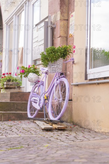 A purple bicycle with a basket full of flowers in front of the windows of an old house, small town