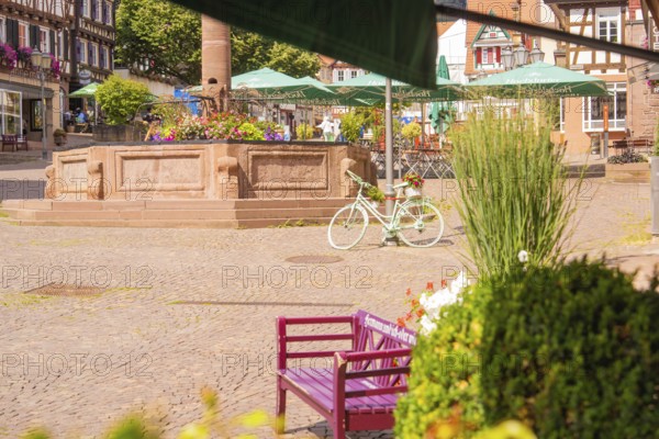 A lively square with a decorated bicycle and blooming fountain, small town pearl Calw, Black