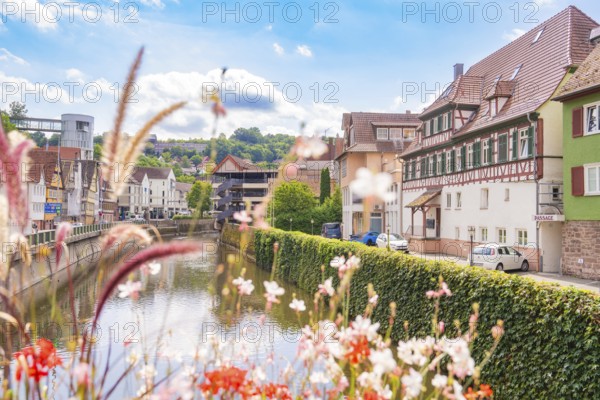 Idyllic river view with half-timbered houses and flowers in a summery atmosphere, small town pearl