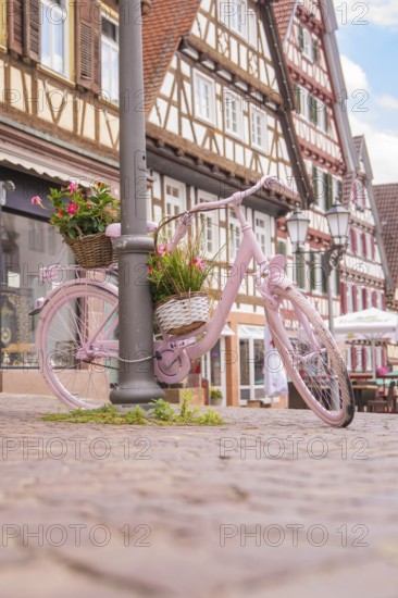 A pink bicycle with a basket of flowers in front of half-timbered houses on a cobbled path, small