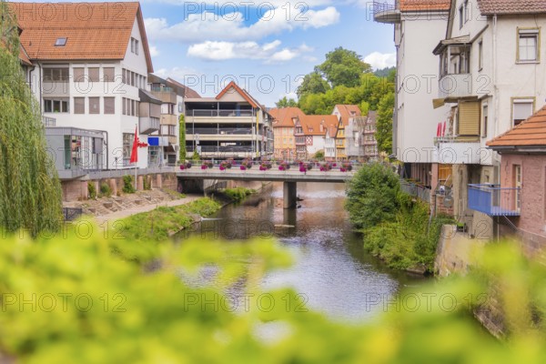 Urban river course with bridge flanked by modern buildings and summer flowers, small town pearl