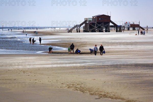 Walkers on the beach, pile dwelling and Westerheversand lighthouse on the horizon, wind, Sankt