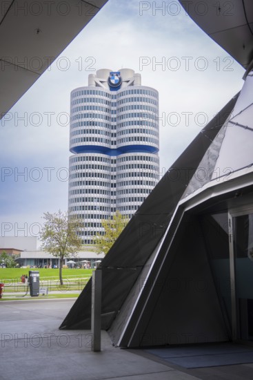 Striking high-rise building in modern architecture, perspective shot through entrance area, BMW