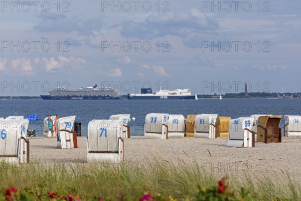 Cruise ship Mein Schiff 7, DFDS ferry, Laboe naval memorial, Kiel Fjord, beach chairs on the beach