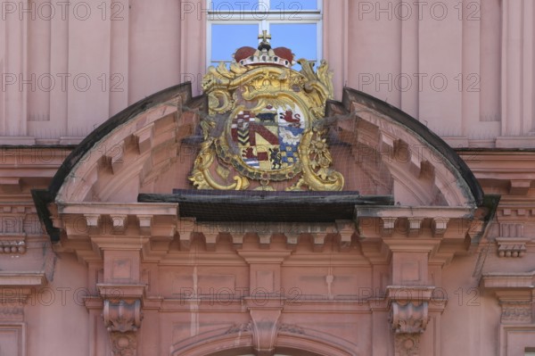 Historical town coat of arms on the former Konigshof, Hauptstrasse, Offenburg, Baden-Württemberg,