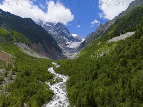 Picturesque mountain landscape with river in the foreground, lush forests and snow-capped peaks