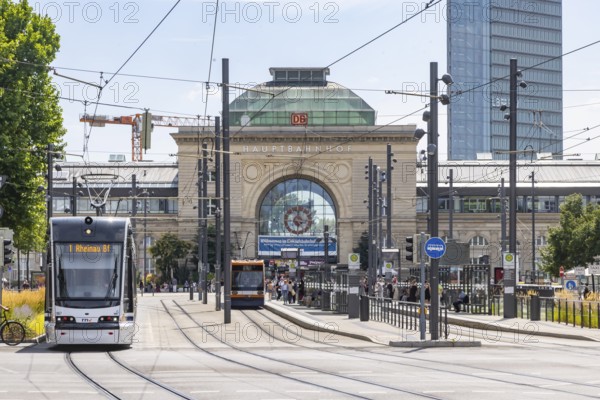 Rhein-Neckar-Verkehr GmbH (rnv) tram travelling through the city of Mannheim. Central station.