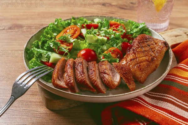 Delicious grilled duck breast served with fresh garden salad and cherry tomatoes at a rustic dining