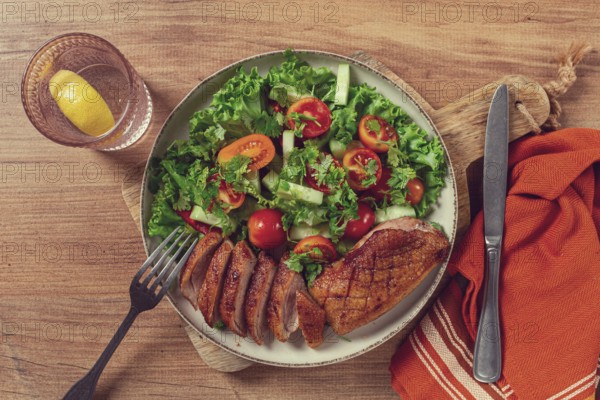 Delicious grilled duck breast served with fresh garden salad and cherry tomatoes at a rustic dining