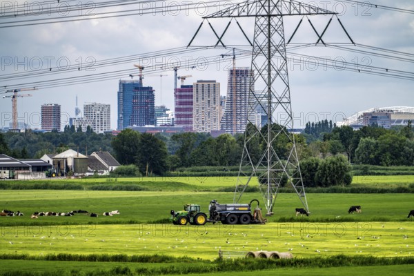 The skyline of the business district in the south-east of Amsterdam, office tower blocks, green