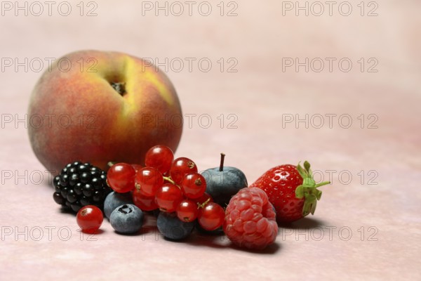 Various fruits, redcurrant, peach, strawberry, blueberry, blackberry, raspberry