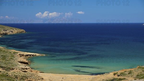 Bay of Vai, Secluded beach with turquoise blue water and rocky coastline, Analipsi, Maltezana,