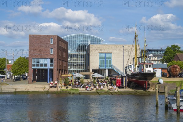 Outdoor catering in front of the town hall, harbour, Husum, North Frisia, North Sea,