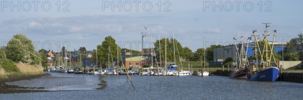Fishing boats in the cutter harbour, outer harbour, panorama format, Husum, North Frisia, North
