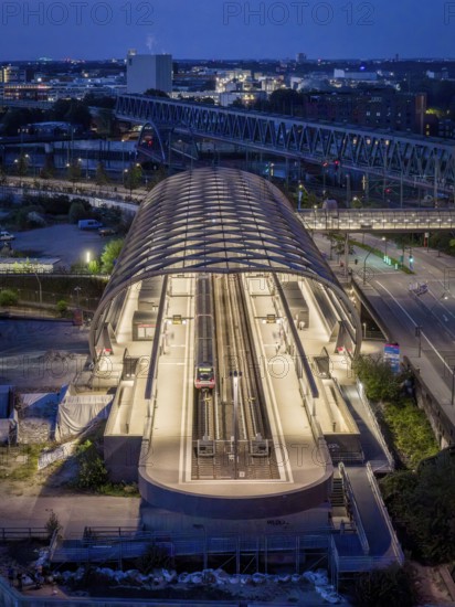Aerial view of the Hamburg Elbbrücken U4 underground and S-Bahn station at blue hour, Hamburg,