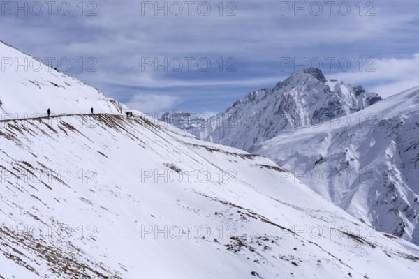 People walking through the snow, in the high mountains, Himalayas, Spitital, Kaza, Himachal