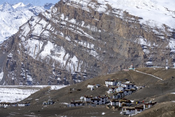 Langza, with snow-capped mountains in the background, Himalayas, Spitital, Kaza, Himachal Pradesh,