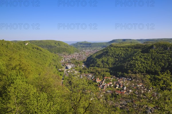 View from Lichtenstein Castle, view of the Echatztal valley, Honau, Unterhausen at the back,