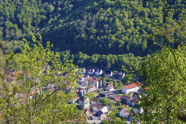 View from Lichtenstein Castle, view of the Echatztal, Honau, eaves of the Swabian Alb, Honau,