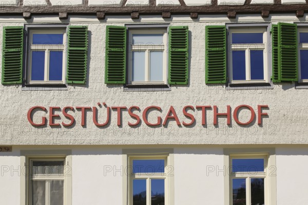 Gestütsgasthof near the stud farm and the Lauterquelle, catering, restaurant, building,