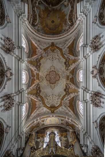 Organ and vaulted ceiling of the Abbey Church of the Assumption of the Virgin Mary, created by the