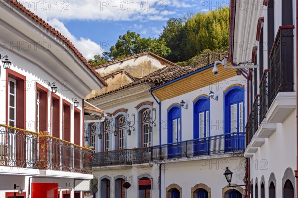 Old colonial houses and their balconies in the historic city of Ouro Preto in Minas Gerais, Ouro