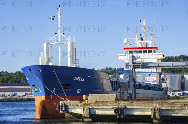 Industrial harbour structures and cargo ship NELLI in the port of Uddevalla, Bohuslän, Västra
