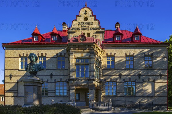 Historic school building of Gustafsberg, a former spa and bathing resort on the Byfjord in
