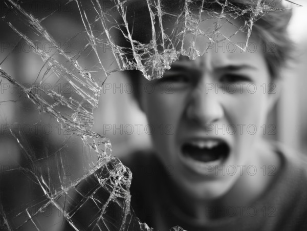 Ein Teenager schreit wütend durch eine kaputte Fensterscheibe, Aggressives Verhalten, Psychologie,