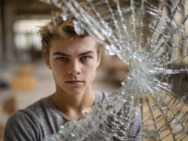 Ein Teenager schaut wütend durch eine kaputte Fensterscheibe, Aggressives Verhalten, Psychologie,