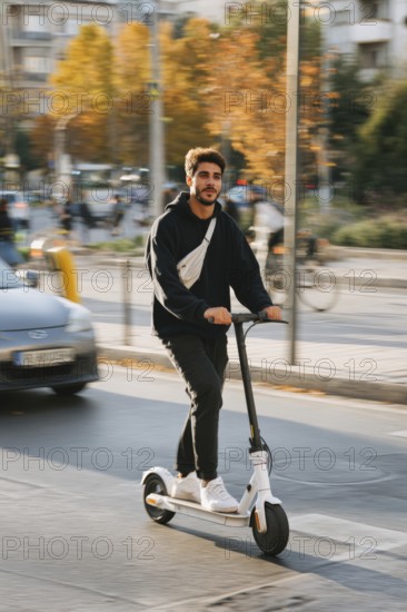 Ein junger Mann nimmt mit einem E-Scooter am öffentlichen Straßenverkehr in einer Stadt teil,