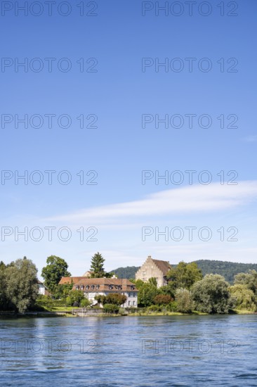 View over the Rhine, Hochrhein to the historic Bibermühle mill near Rheinklingen, Canton Thurgau,