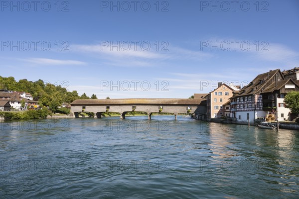 The historic wooden bridge over the Rhine was opened in 1816 and connects the German municipality