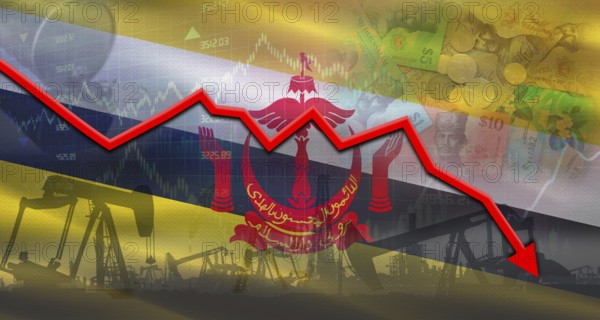 Fall oil price with flag of Brunei on economic chart, Petrol crisis with Brunei flag on financial