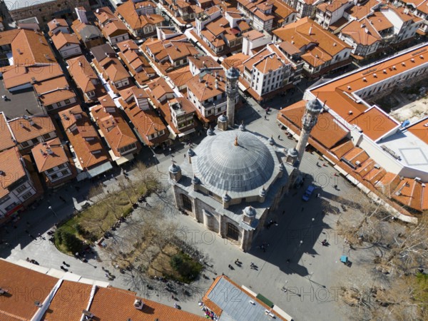 Central mosque surrounded by historic buildings with red tiled roofs, aerial view, Aziziye Camii,