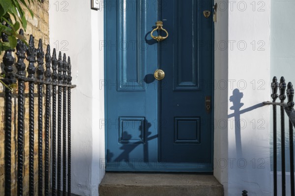 Blue door with brass-coloured door handle and wrought-iron grille in the sunlight, Kensington,