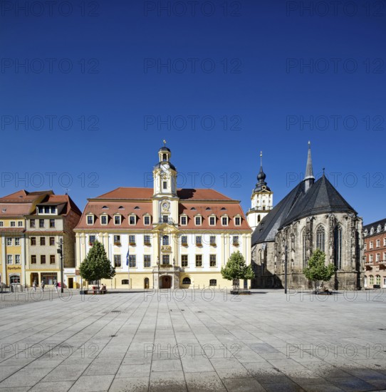 Baroque town hall, Protestant late Gothic St. Mary's Church, town church, and Mohren Pharmacy,