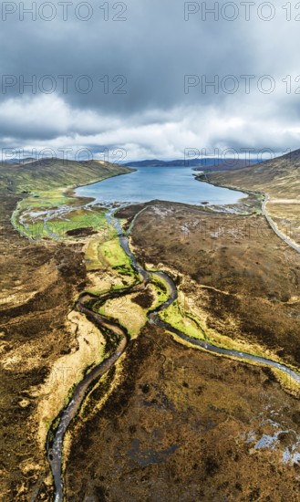 View from Eas a' Bhradain Waterfall from drone, Red Cuillin mountains, Loch Ainort, Isle of Skye,