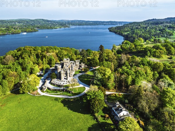 Wray Castle from a drone, Lake Windermere, Ambleside, Lake District, Cumbria, England, United