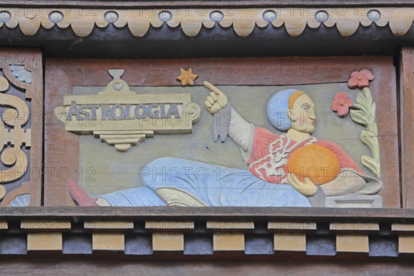 Allegorical woodcarving with figure on astrology with stars and planets, Renaissance, allegory,