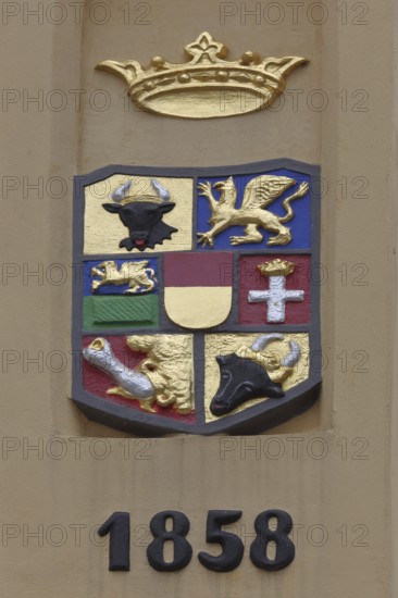 Coat of arms with date on the World Heritage House, built in 1858, former main guard, crown,