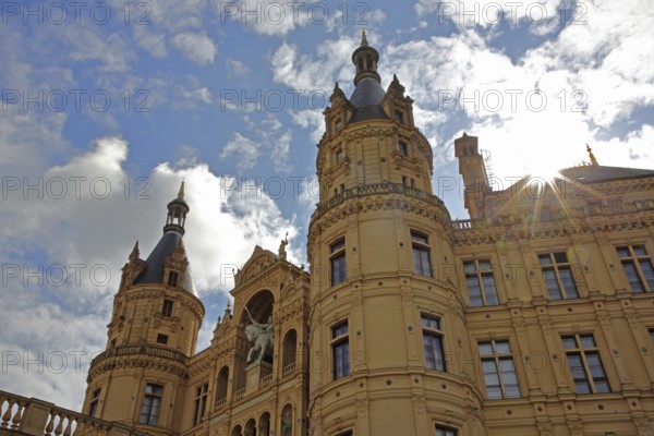 Renaissance castle, Mecklenburg-Western Pomerania state parliament, inner courtyard, backlight,