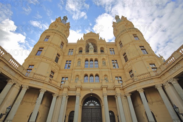 Renaissance castle, Mecklenburg-Western Pomerania state parliament, inner courtyard, view upwards,