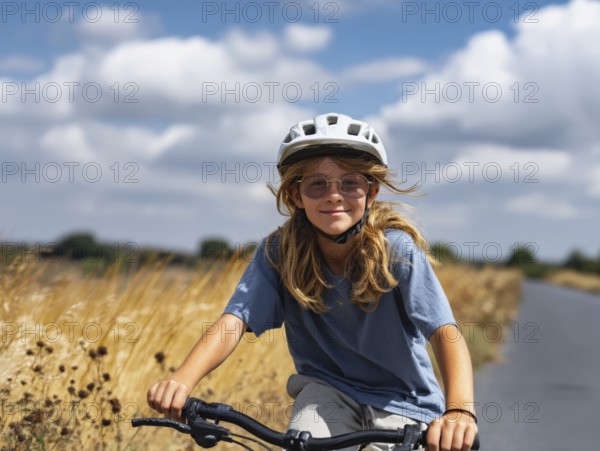 A girl with a bicycle helmet rides a bicycle and smiles friendly into the camera, AI generated, AI