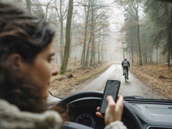A car driver looks at her smartphone while driving and puts herself and the cyclist in front in